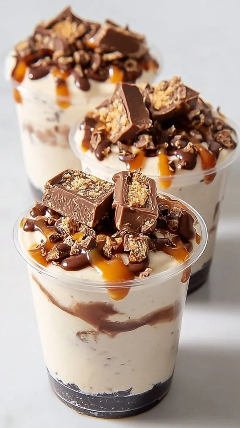 Delicious Snickers Dessert Cups with chocolate, caramel, and peanuts