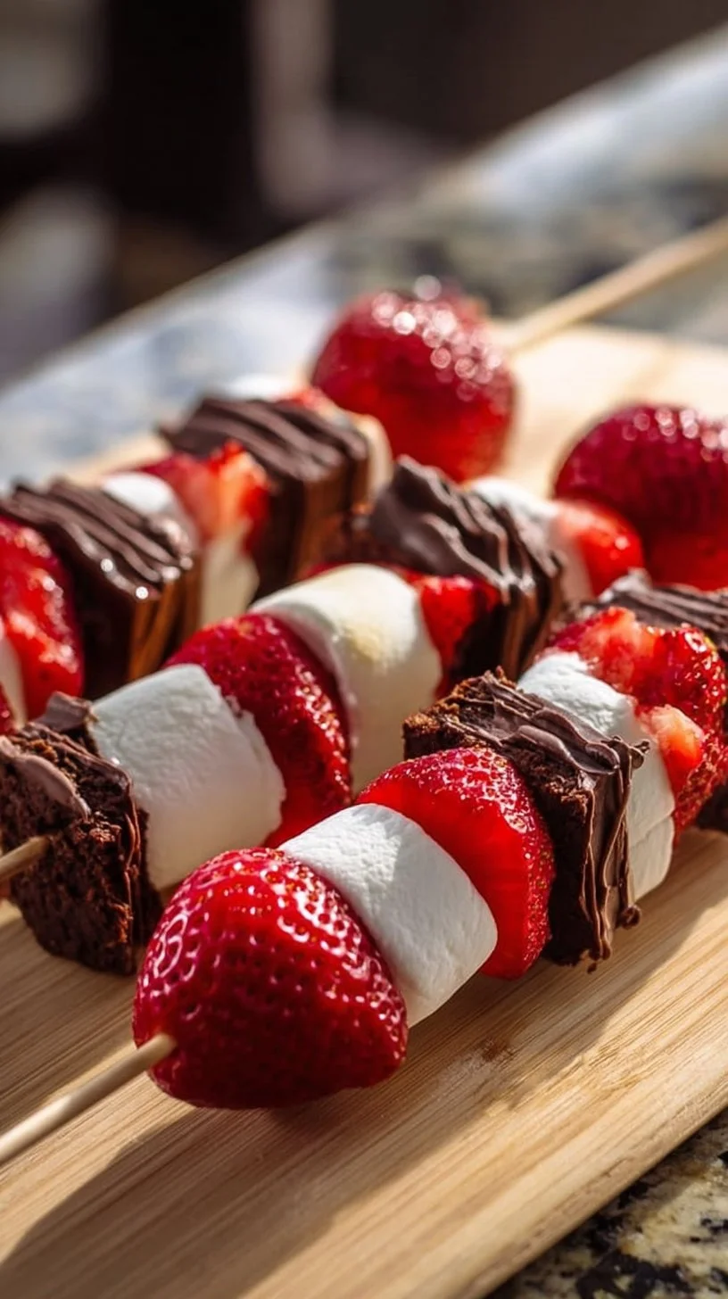 Strawberry brownie skewers with fresh strawberries and chocolate brownies