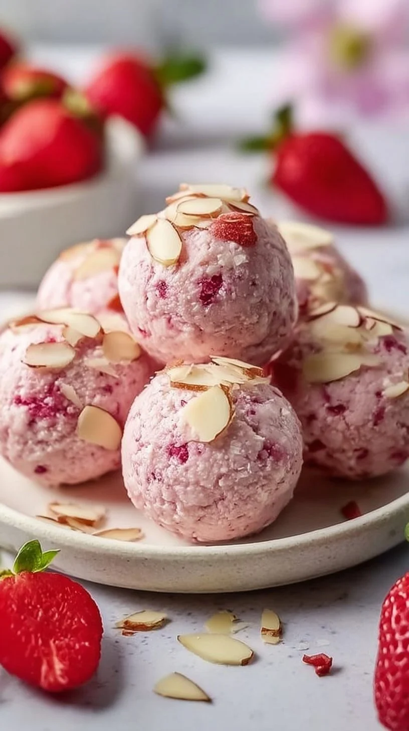 Homemade Strawberry Cheesecake Protein Balls with fresh strawberries and toppings