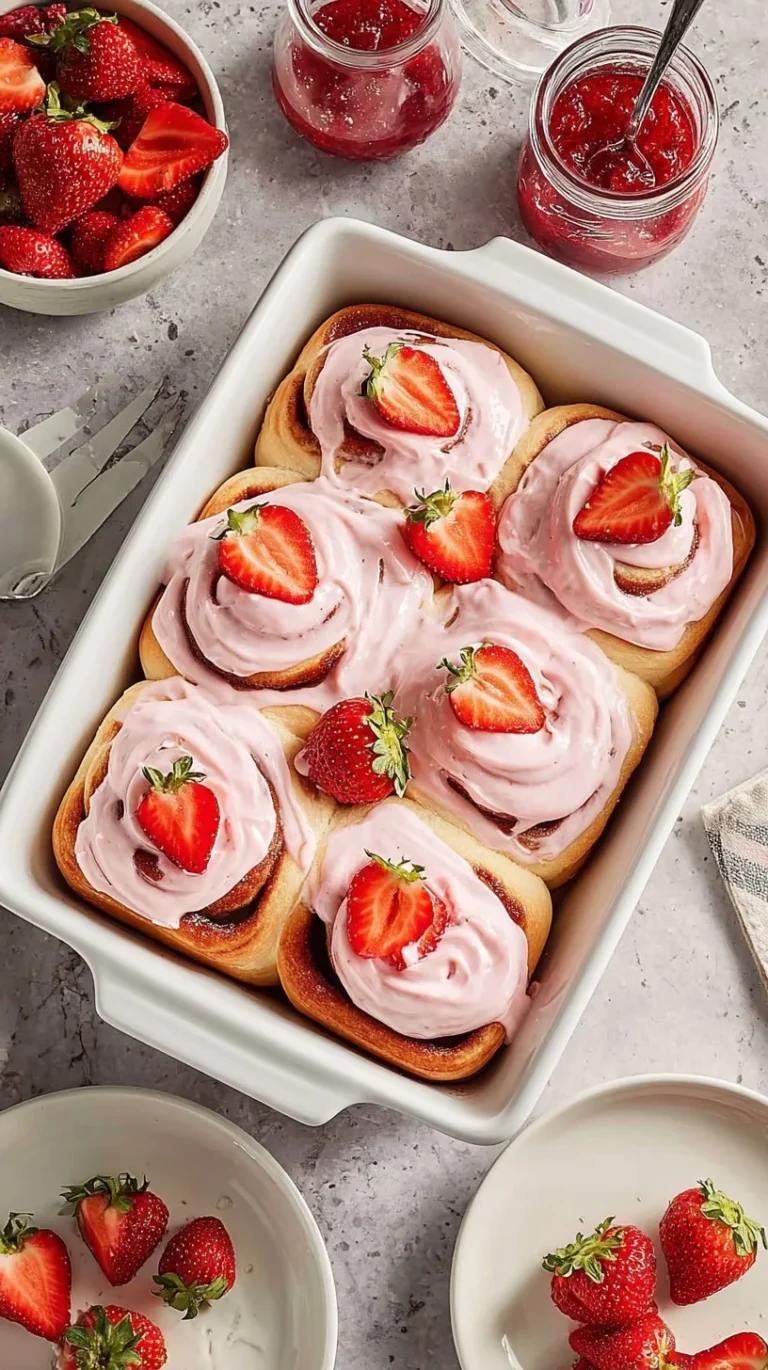 Freshly baked strawberry cinnamon rolls with glaze on a white plate