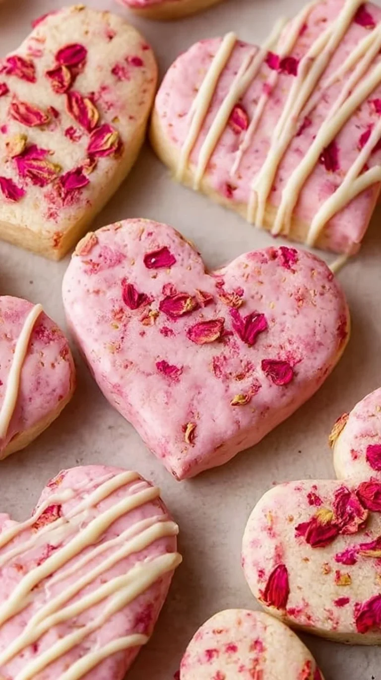 Freshly baked Strawberry Shortbread cookies on a wooden table