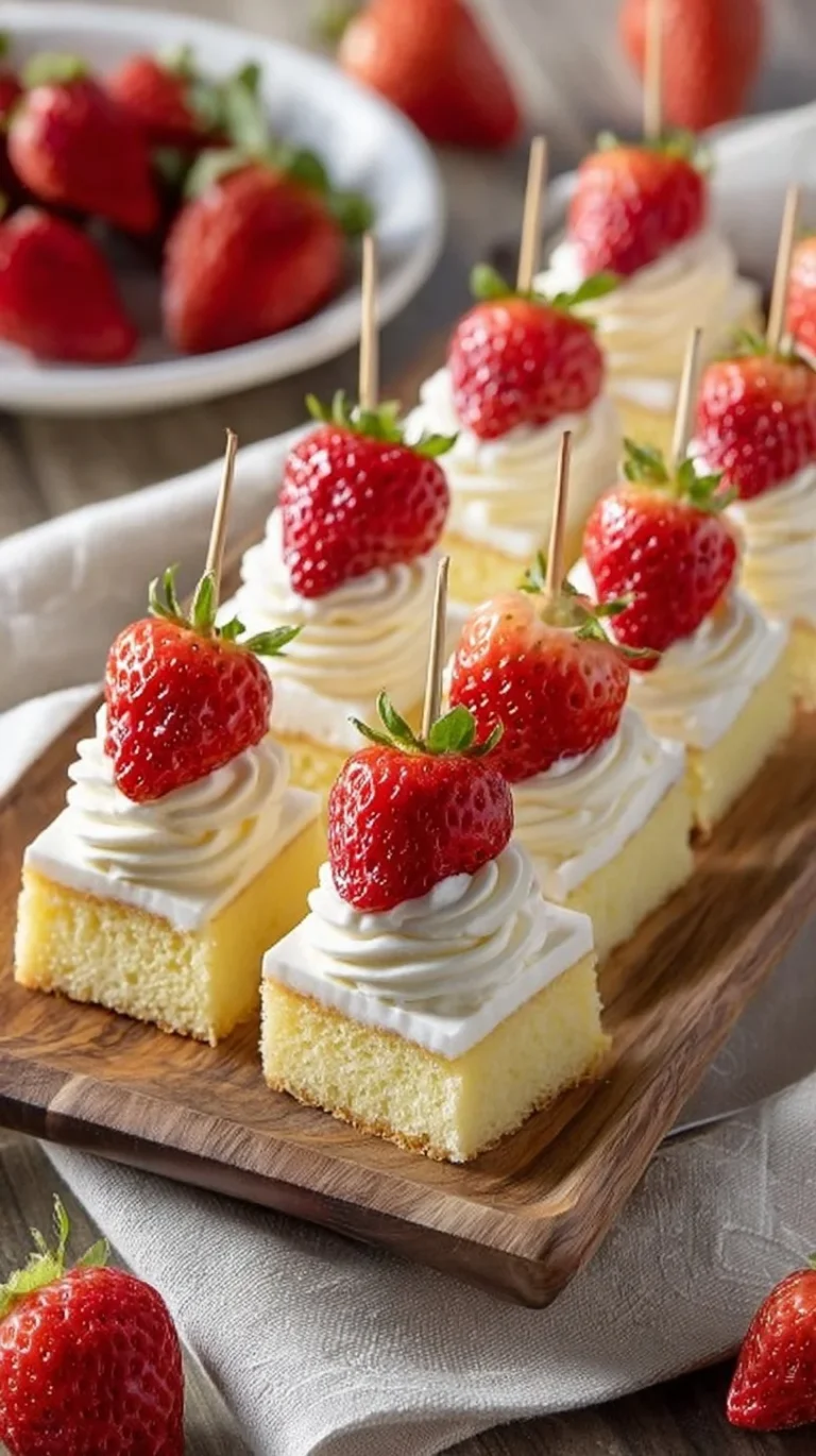 Colorful Strawberry Shortcake Kabobs with fresh strawberries and whipped cream