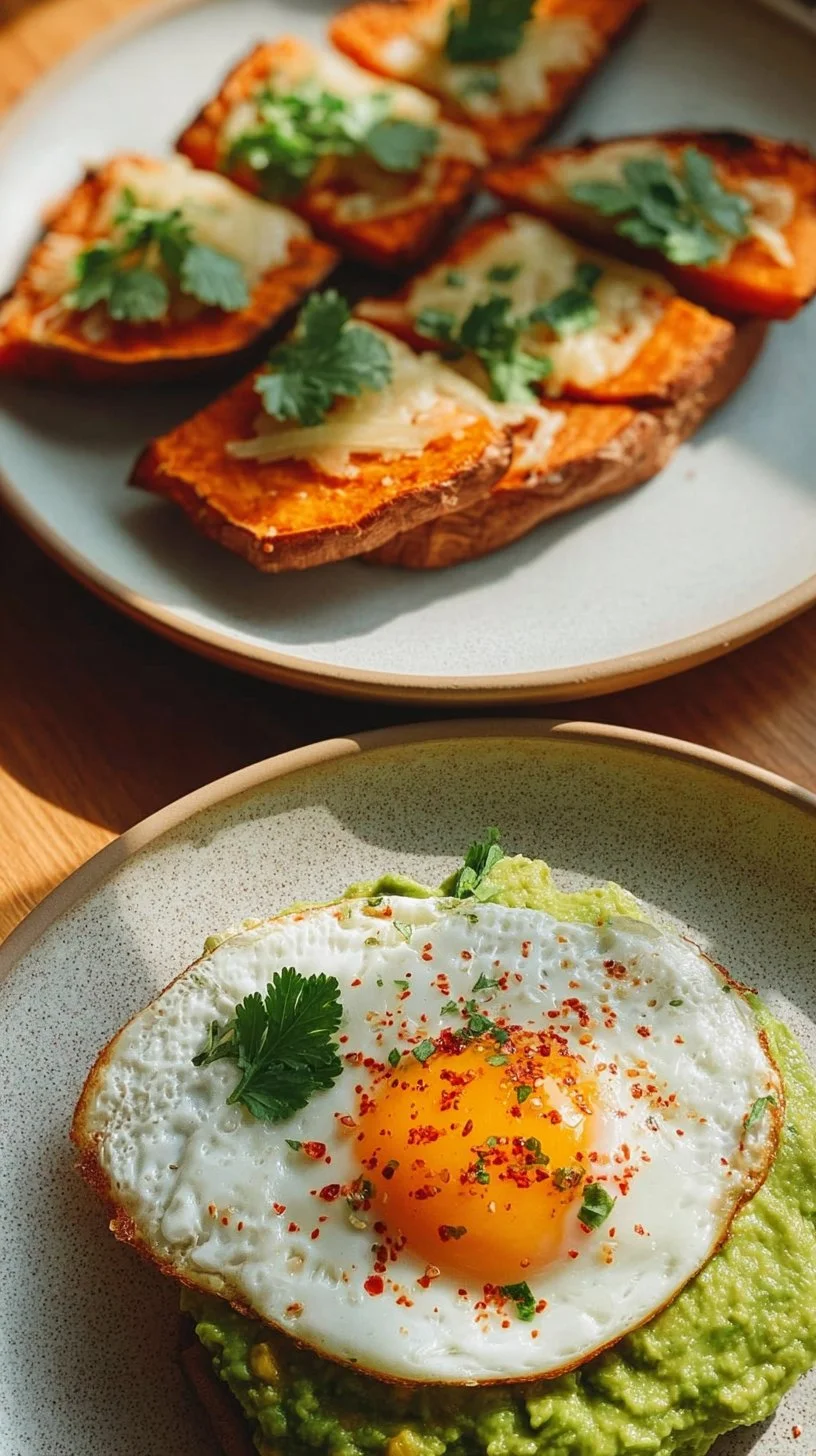 Healthy sweet potato toast topped with avocado and spices