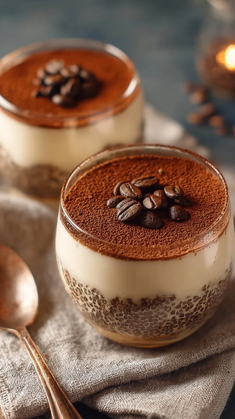 Delicious tiramisu chia pudding topped with Greek yogurt and cocoa powder