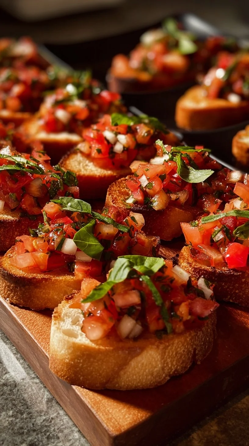 Delicious Tomato Bruschetta topped with fresh basil and drizzled with balsamic glaze.
