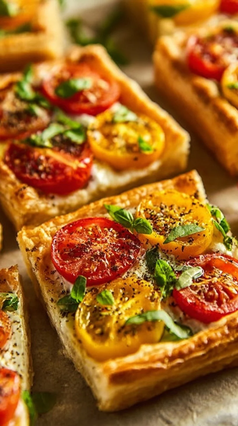 Delicious tomato tartlets with puff pastry baked to perfection.