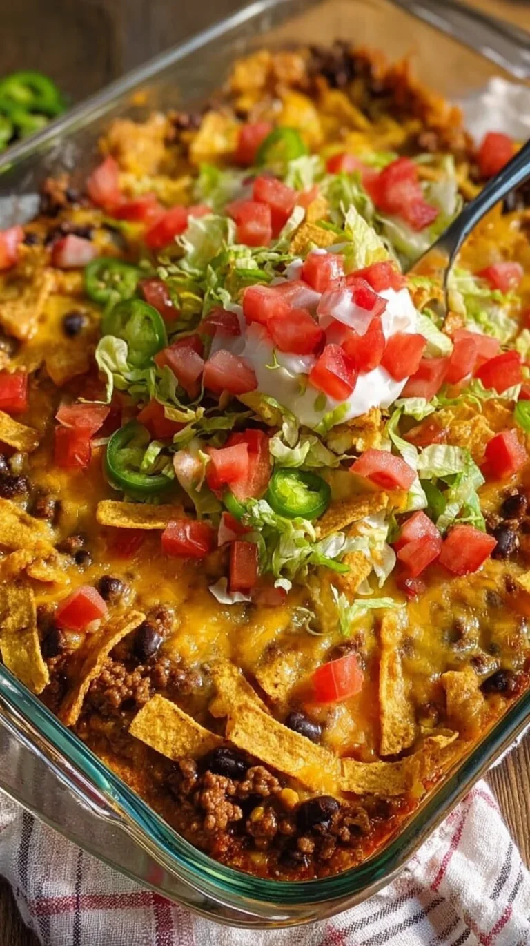Walking Taco Casserole topped with cheese, lettuce, and chips in a baking dish