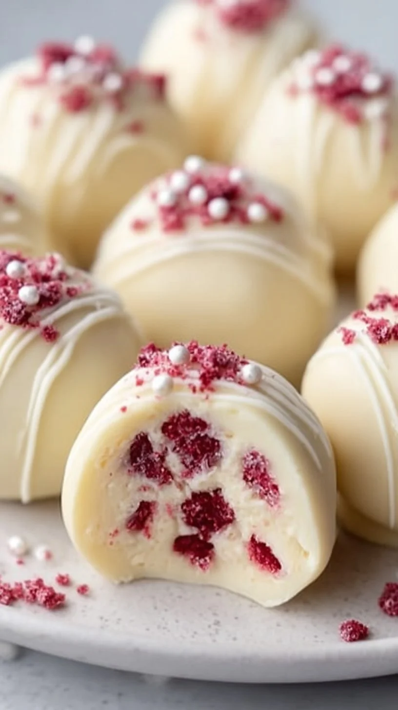Delicious white chocolate raspberry cheesecake balls on a plate