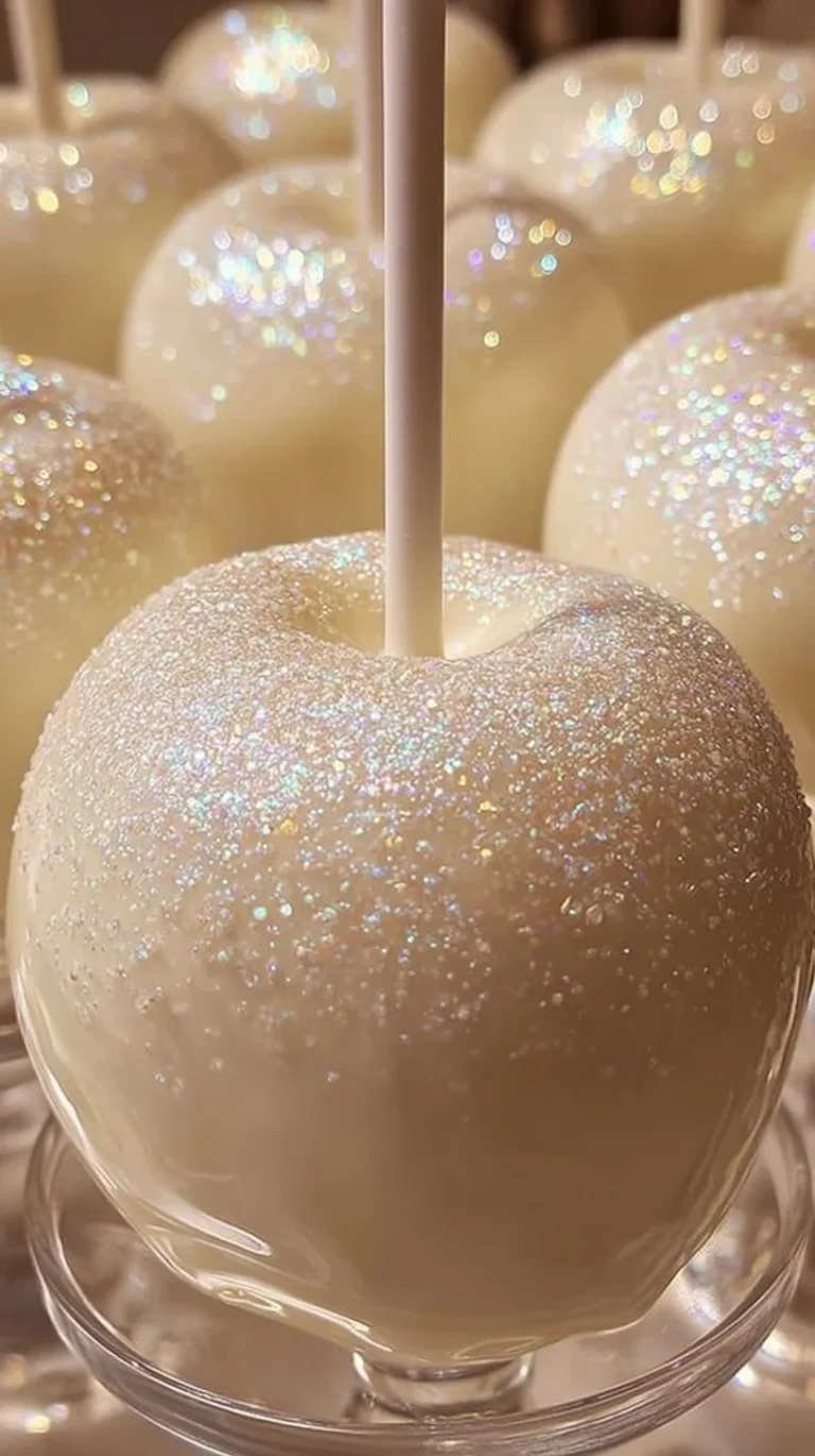 White Sparkle Candy Apples decorated with shimmering sugar crystals