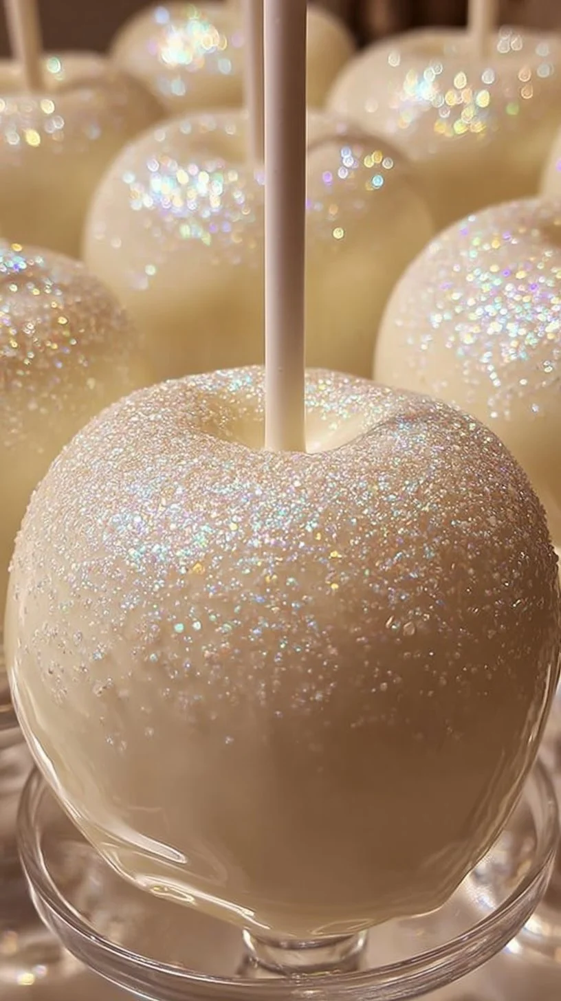 White Sparkle Candy Apples 1 White Sparkle Candy Apples decorated with shimmering sugar crystals