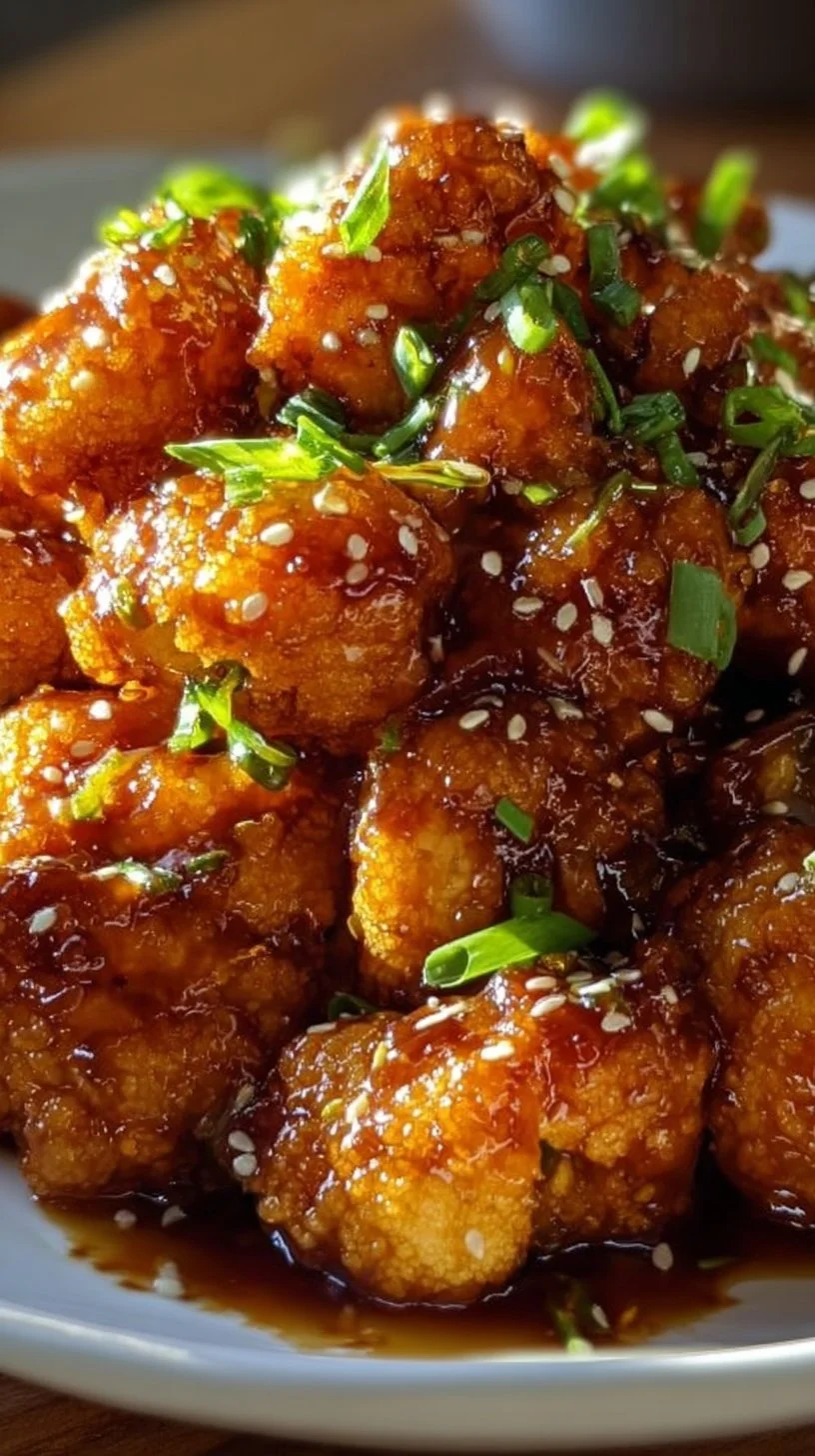 Sticky honey garlic cauliflower dish garnished with sesame seeds