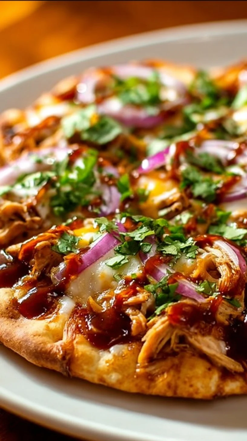 Delicious BBQ chicken flatbread topped with fresh herbs and drizzled with BBQ sauce