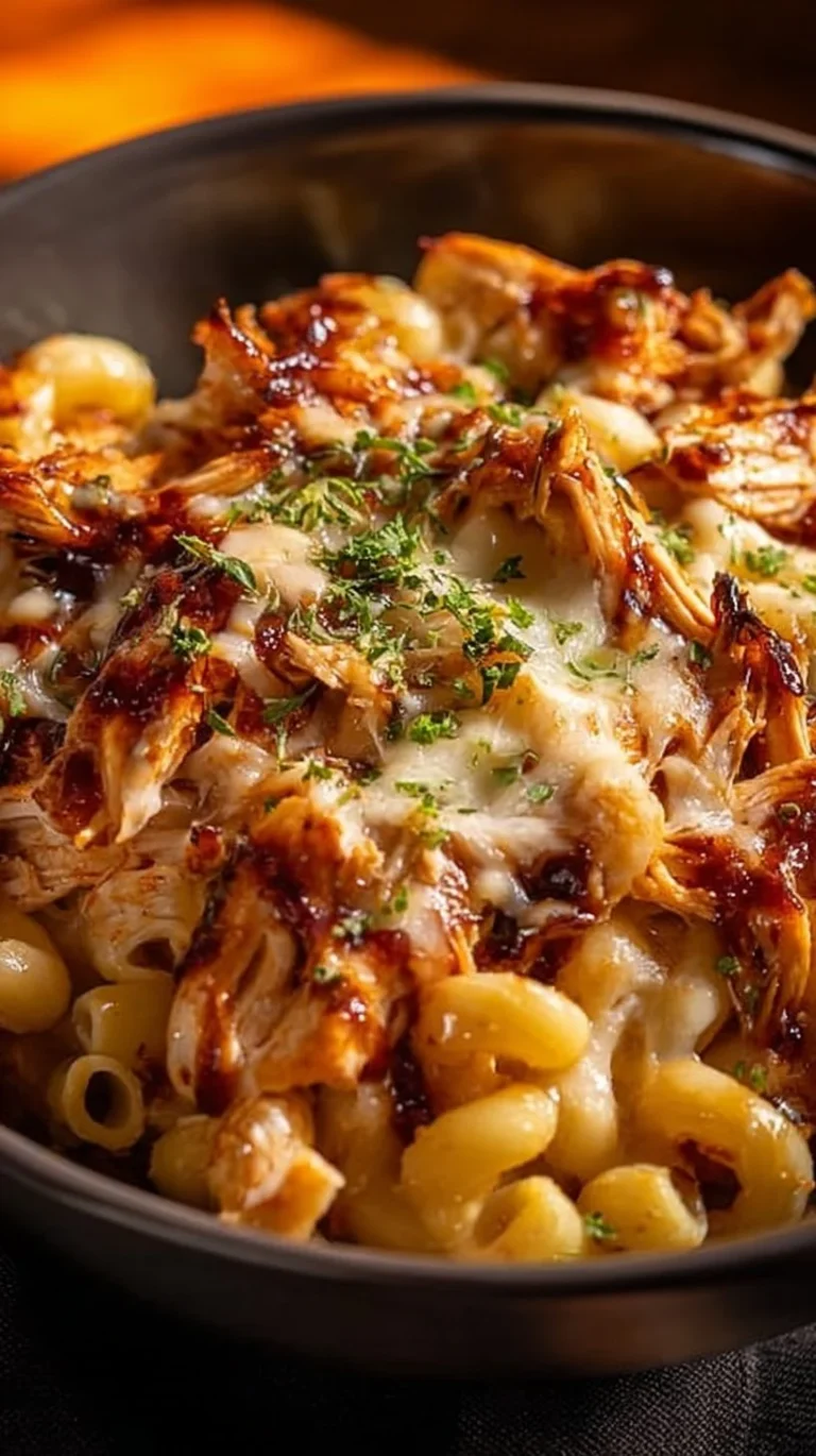 Delicious BBQ Chicken Mac and Cheese topped with BBQ sauce and cheese
