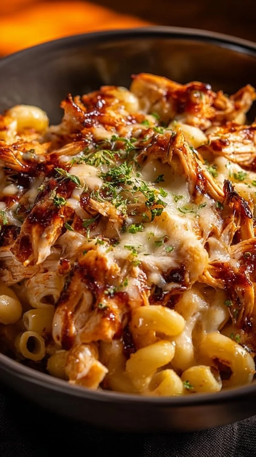 Delicious BBQ Chicken Mac and Cheese topped with BBQ sauce and cheese