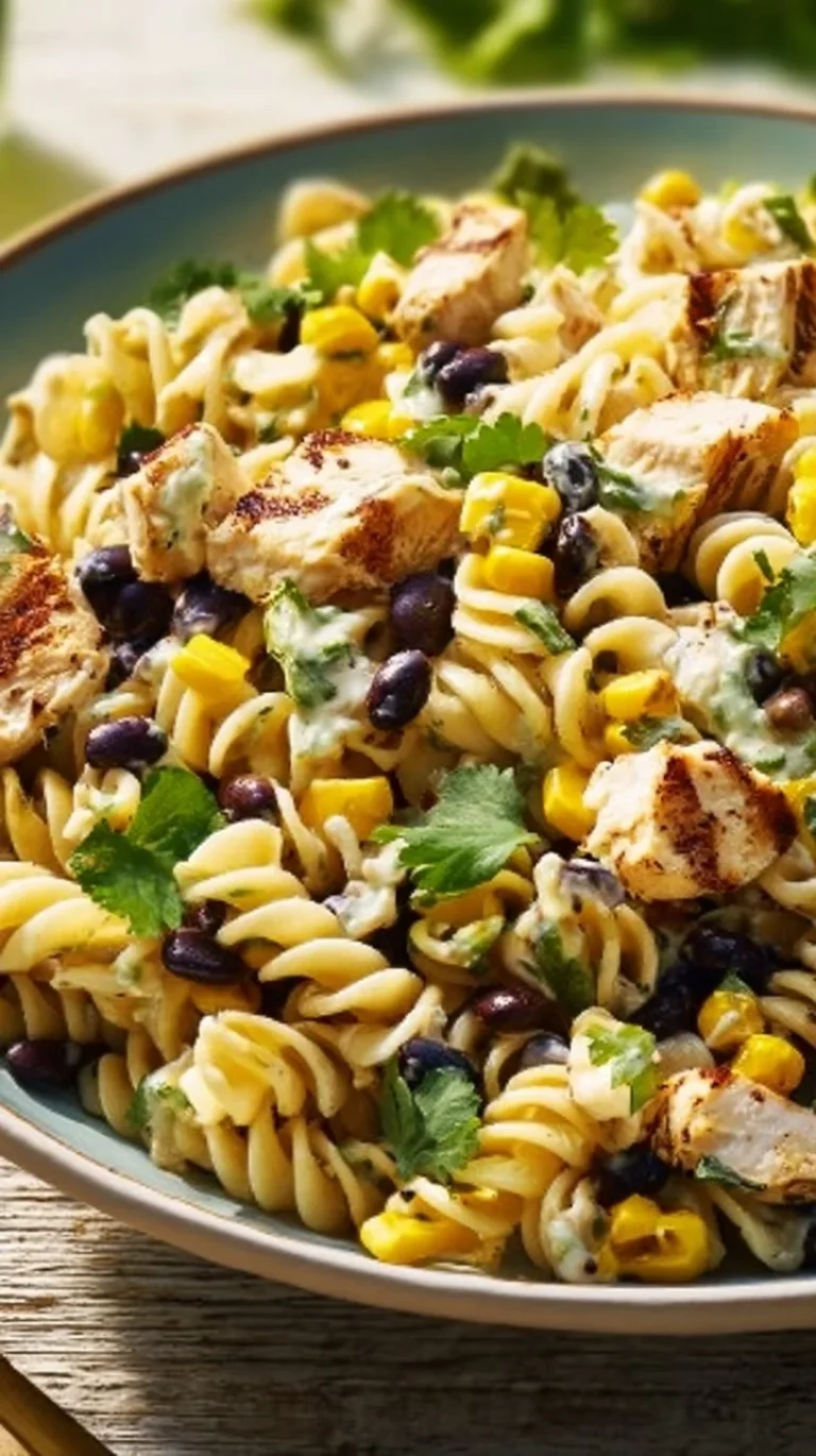 Colorful BBQ Chicken Pasta Salad with vegetables and dressing in a bowl