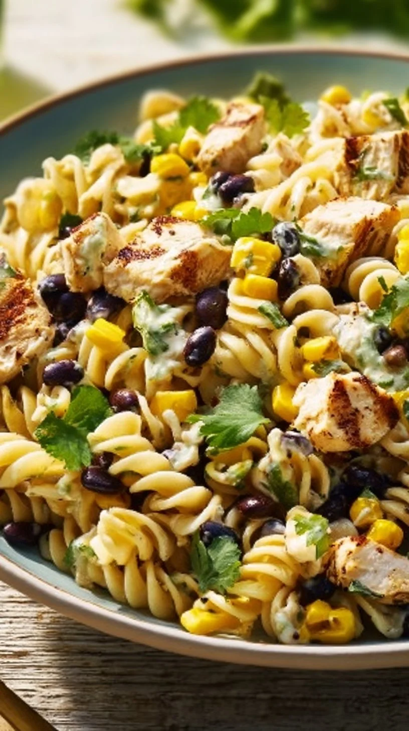 Colorful BBQ Chicken Pasta Salad with vegetables and dressing in a bowl