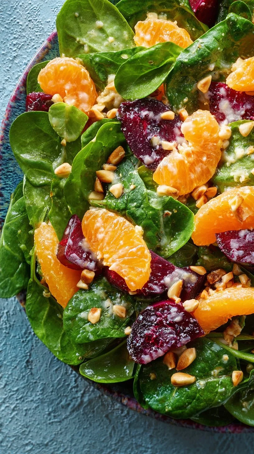 Colorful beet salad with spinach and mandarin oranges in a serving bowl.