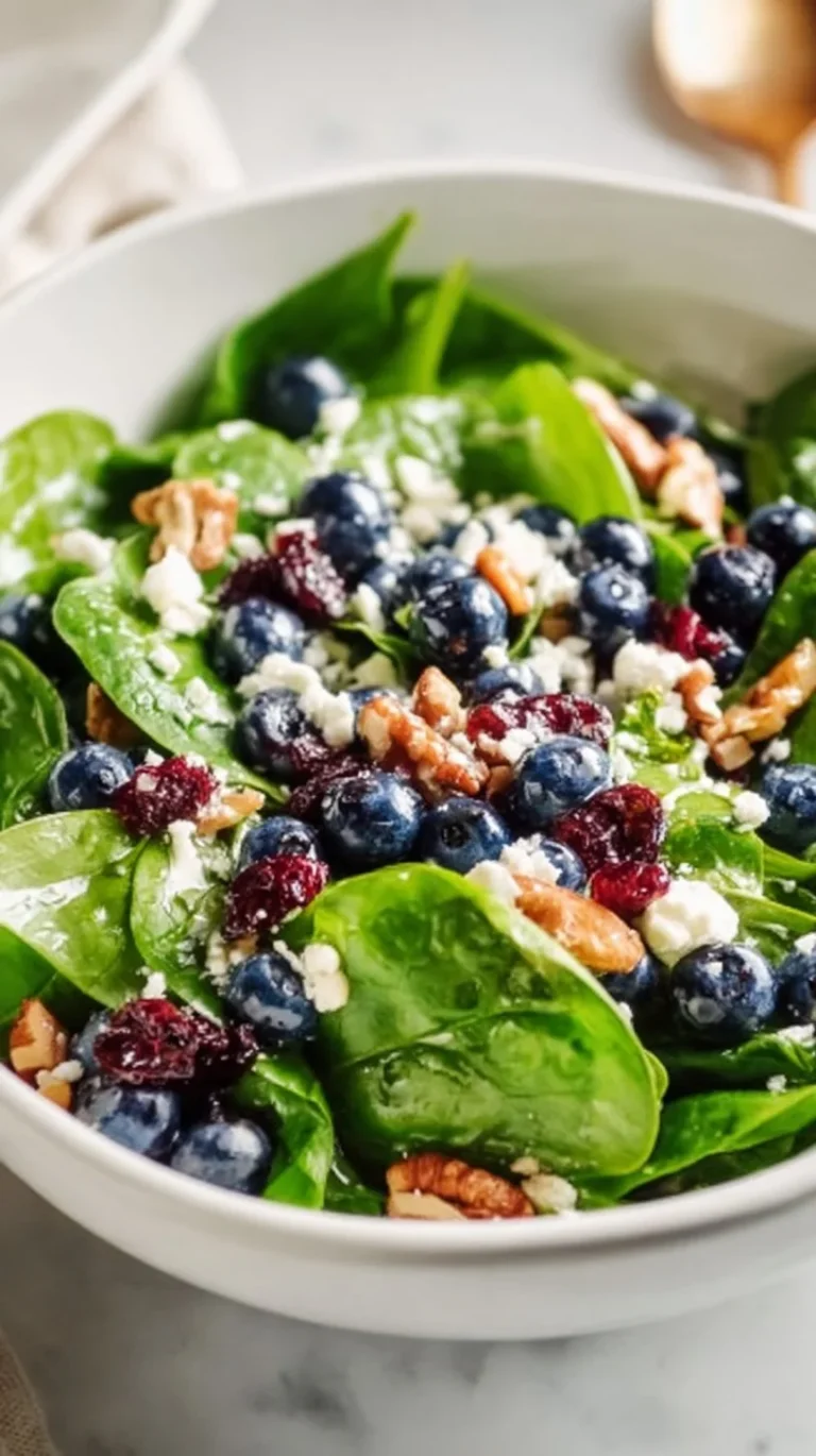 Delicious blueberry spinach salad drizzled with honey balsamic dressing.