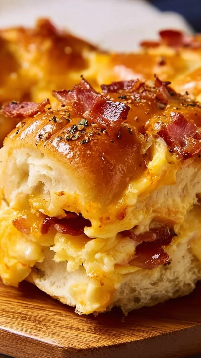 Delicious breakfast sliders with eggs, cheese, and ham served on a platter.