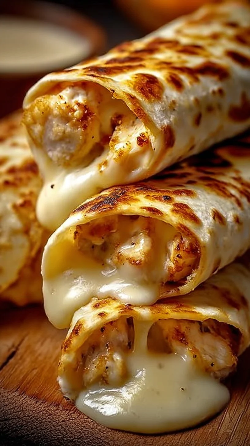 Delicious cheesy garlic chicken wraps served on a plate with fresh veggies.