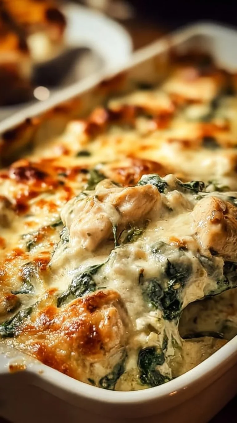 Delicious Chicken Spinach Casserole with Cream Cheese served in a baking dish