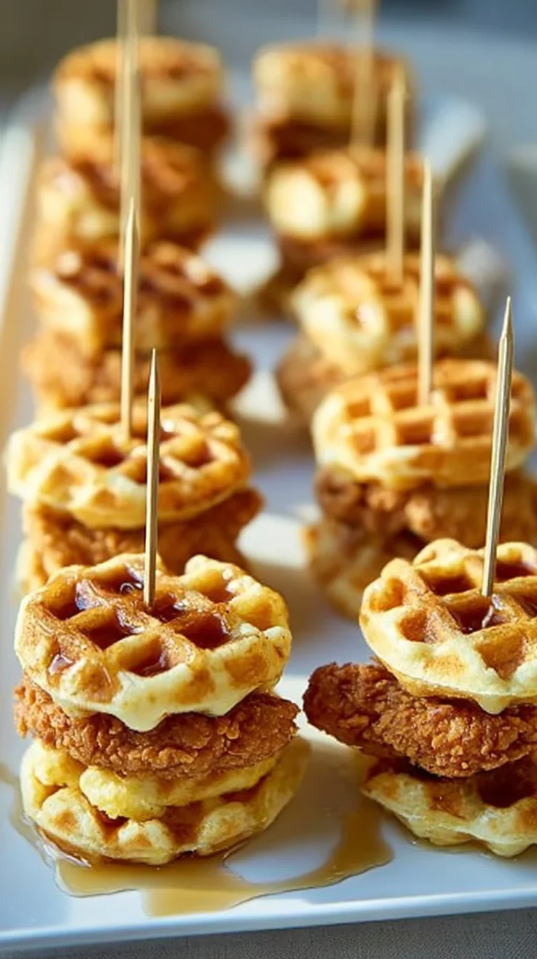 Delicious Chicken and Waffle Sliders served on a rustic wooden platter.