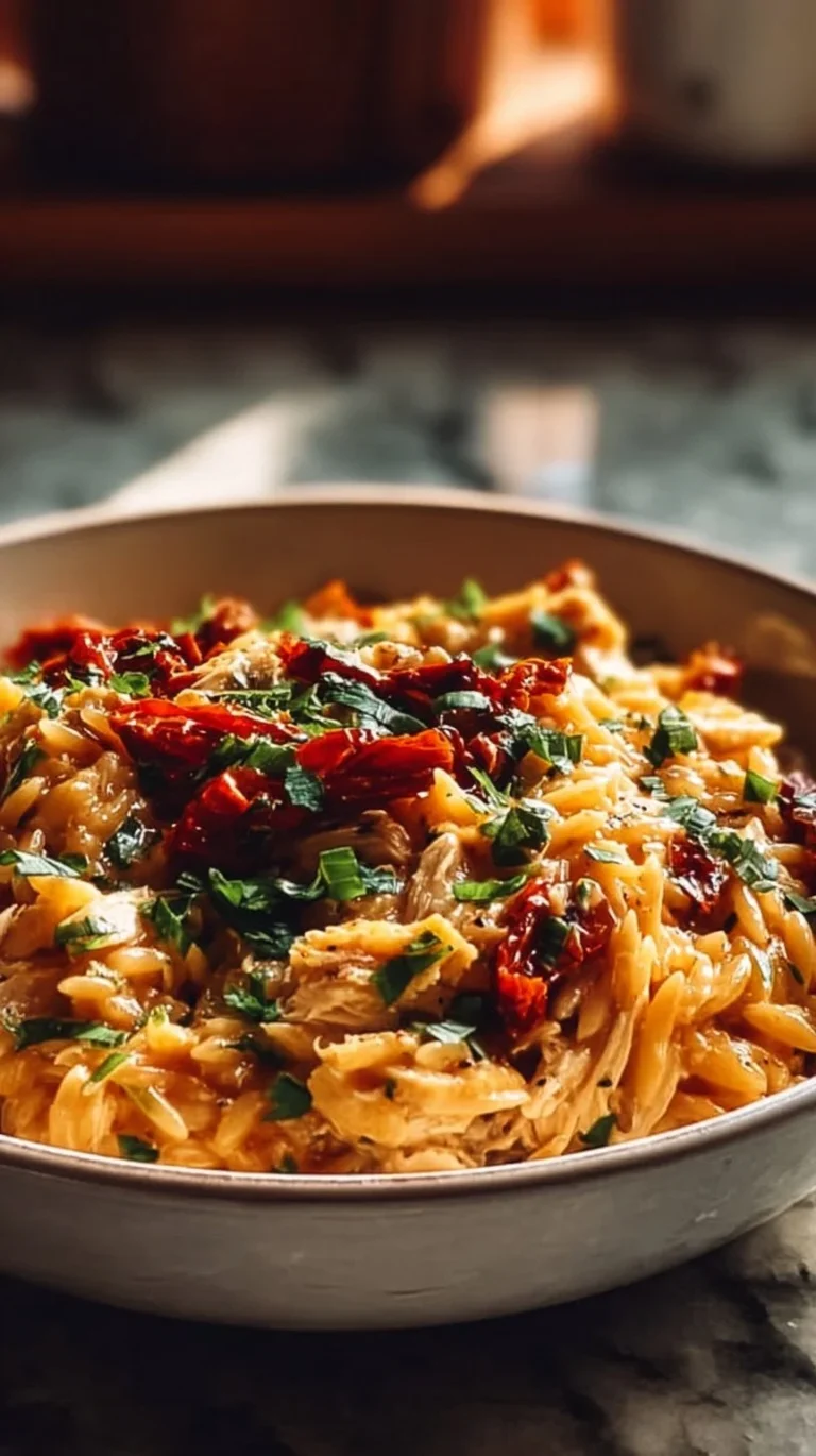 Delicious plate of Classic Marry Me Chicken Orzo garnished with herbs