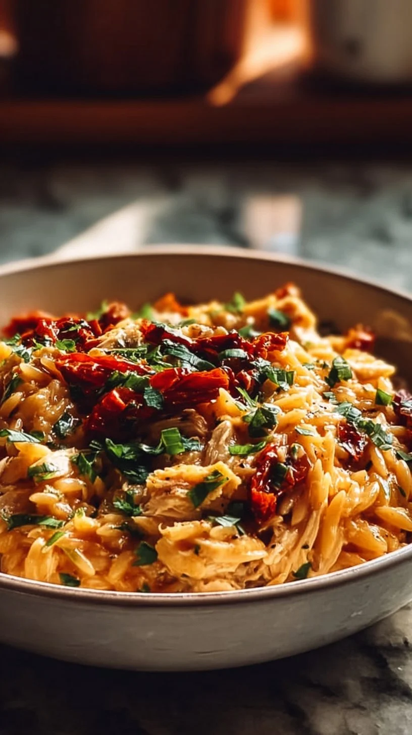 Delicious plate of Classic Marry Me Chicken Orzo garnished with herbs