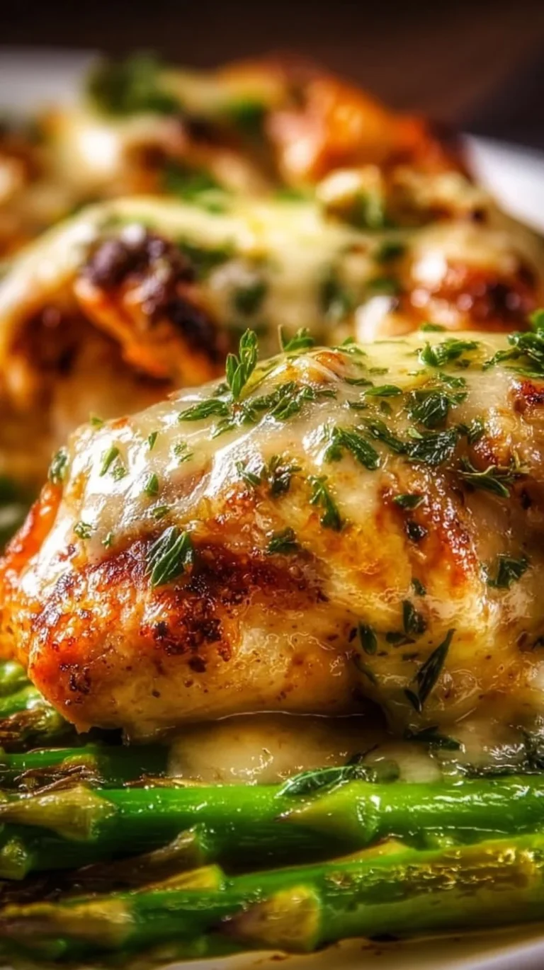 Creamy baked chicken with asparagus on a plate, garnished and ready to enjoy