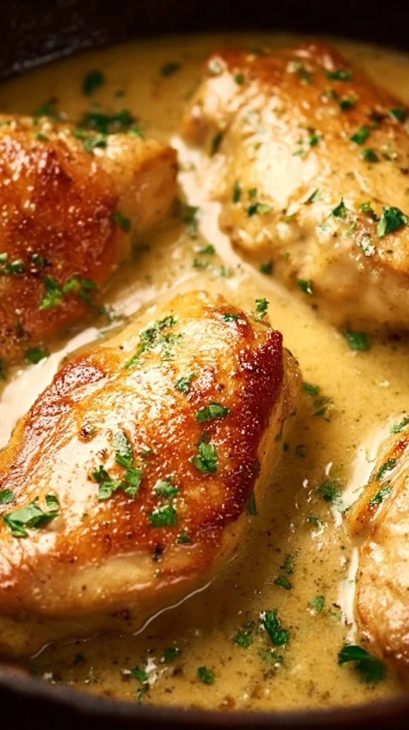 Creamy honey mustard chicken recipe served with vegetables on a plate.