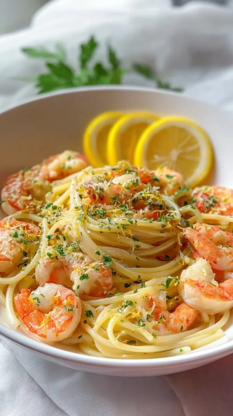 Creamy lemon shrimp pasta in a wine and butter sauce served in a bowl.