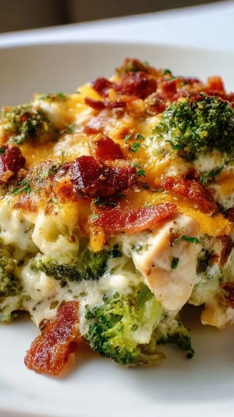 Creamy low carb chicken casserole with broccoli and bacon in a baking dish