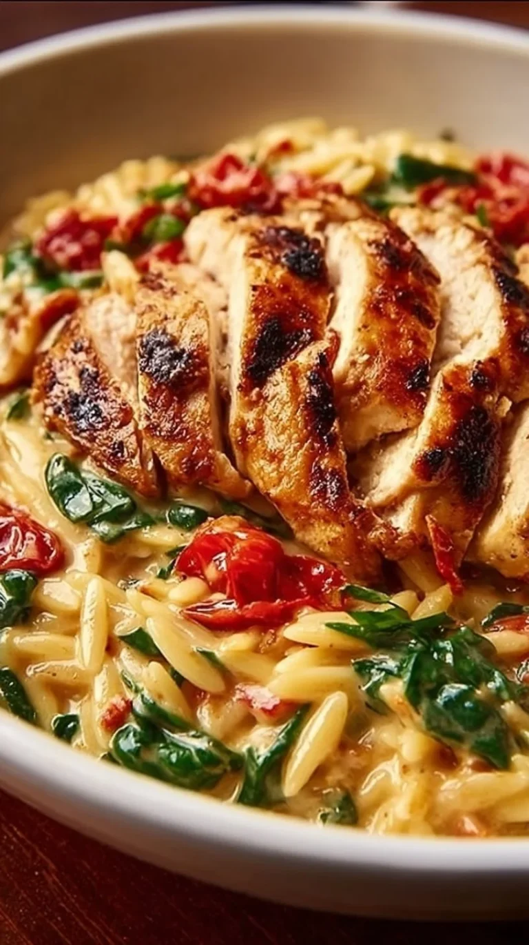 Creamy Tuscan Chicken served over Parmesan Orzo