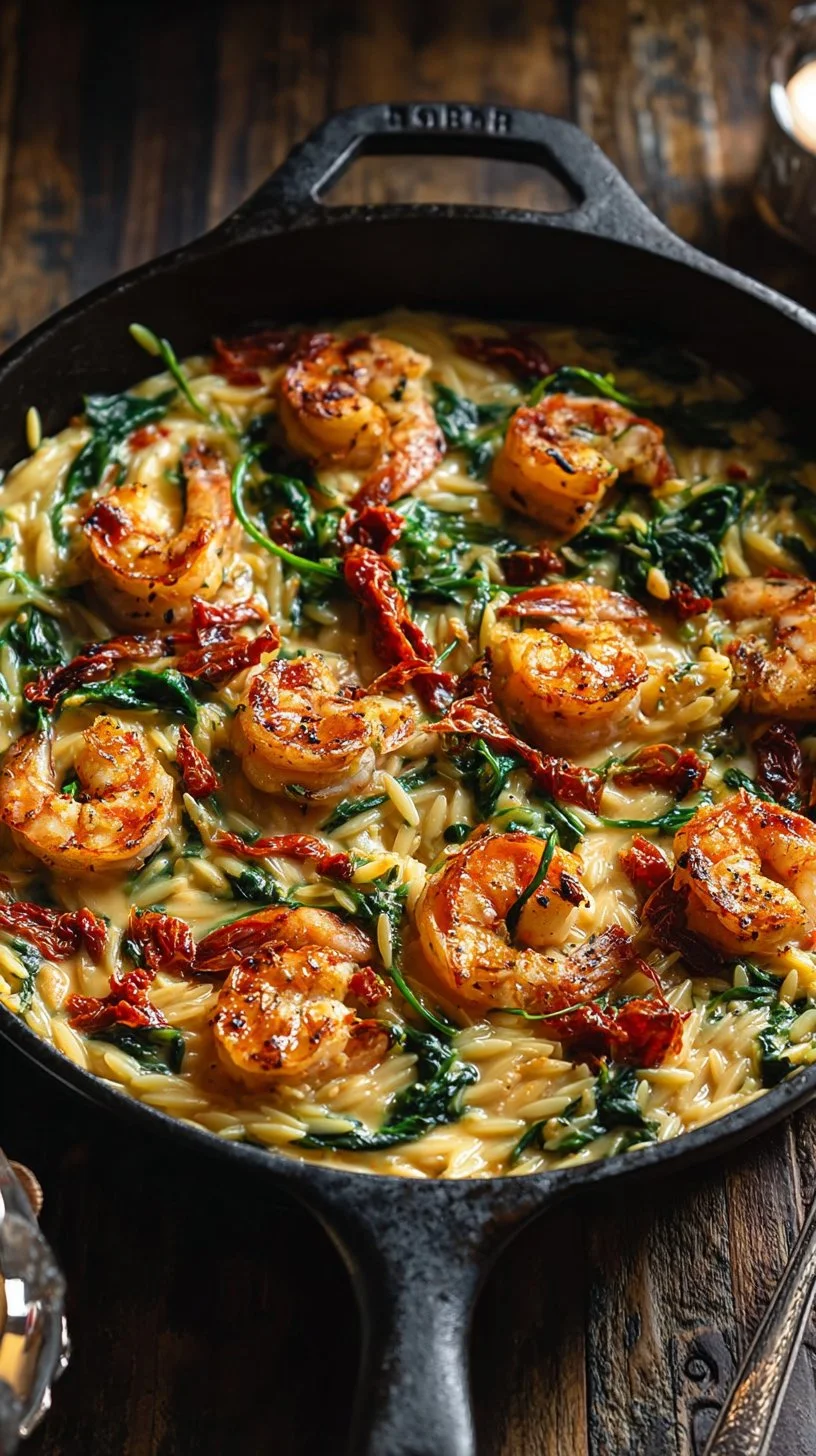 Creamy Tuscan shrimp orzo served in a bowl with fresh herbs and vegetables