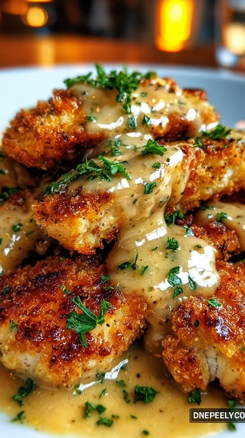 Crispy Parmesan Chicken drizzled with rich garlic sauce on a plate