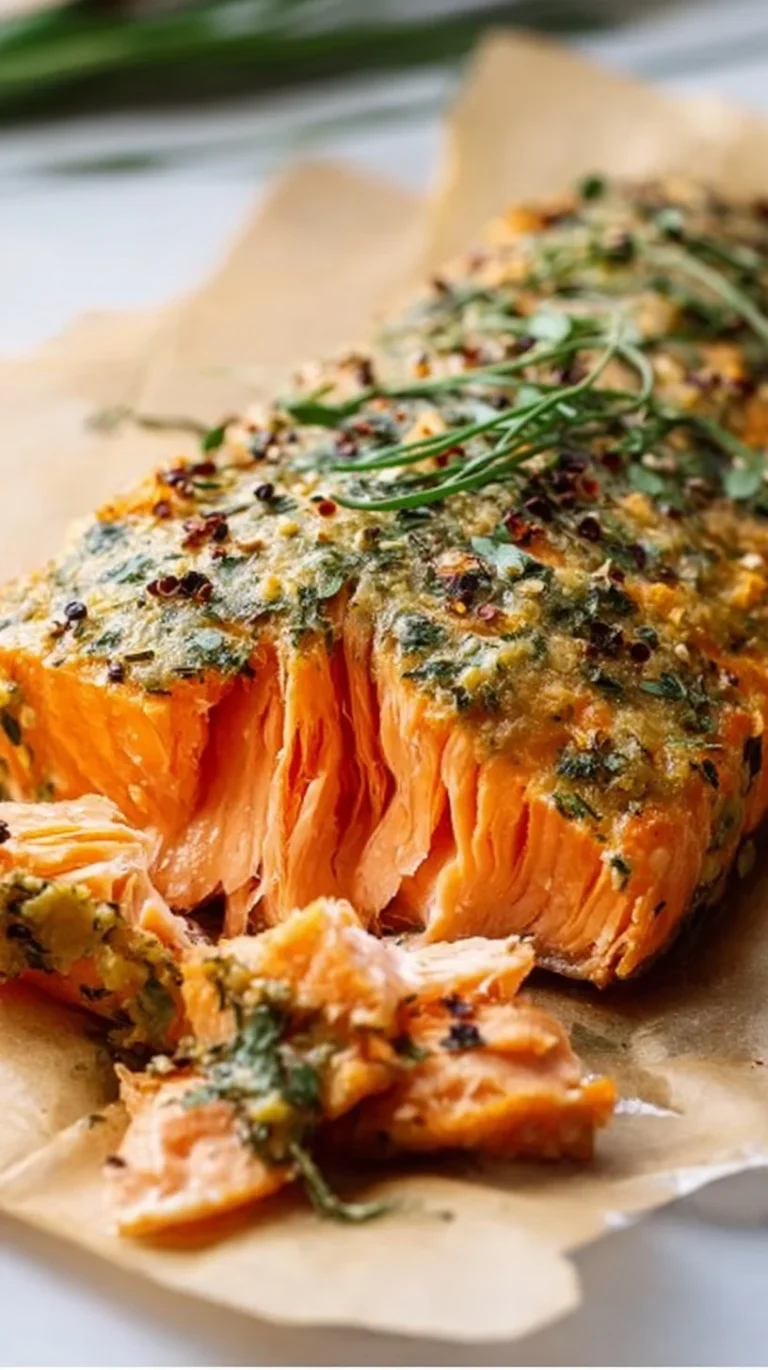 Dijon oven baked salmon on a plate with herbs and lemon slices