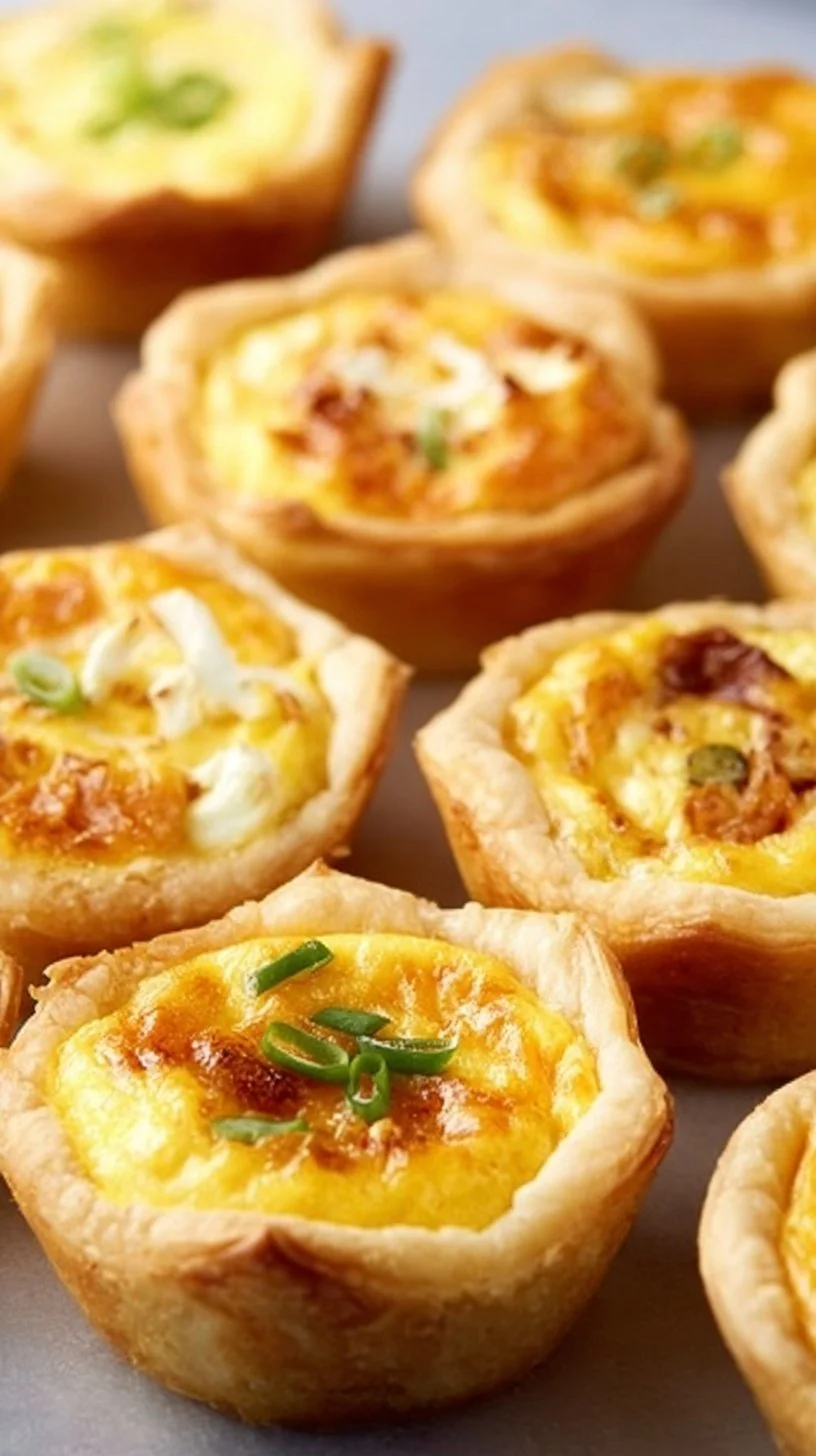 Delicious easy mini quiche with vegetables and cheese, served on a plate.