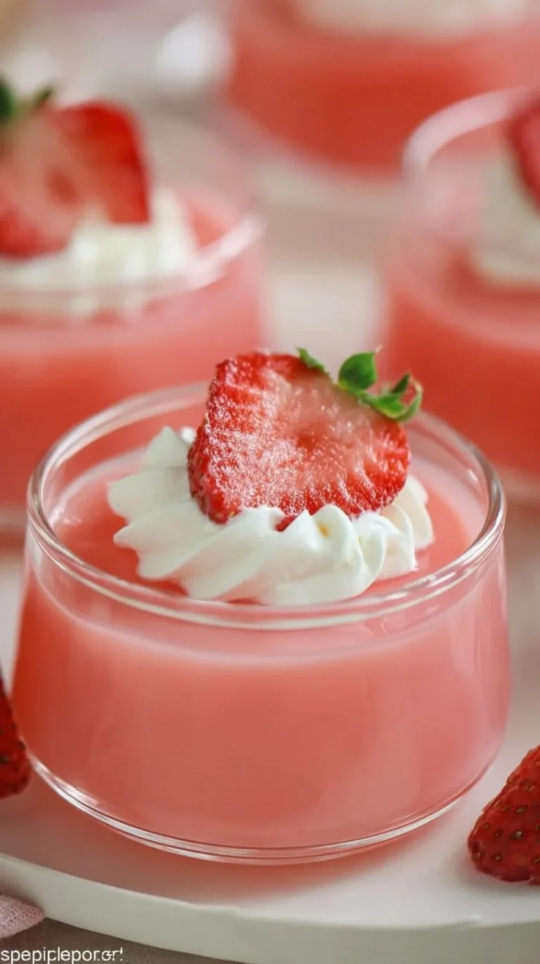 Easy Strawberry Jello Greek Yogurt dessert topped with fresh strawberries.