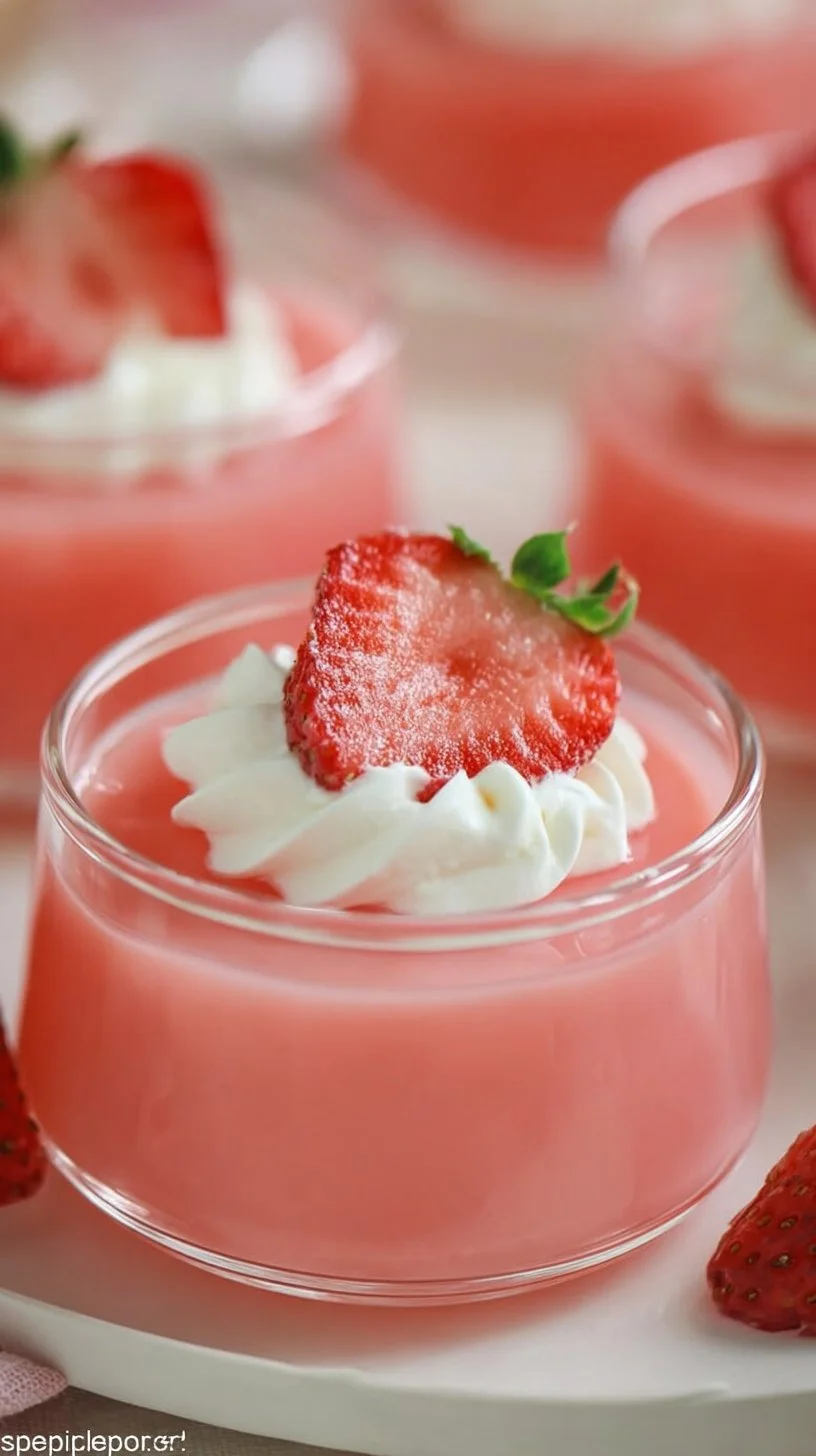 Easy Strawberry Jello Greek Yogurt dessert topped with fresh strawberries.