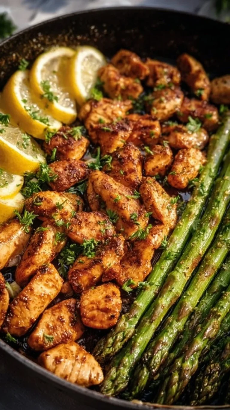 Plate of Garlic Butter Chicken Bites with Lemon Asparagus garnish