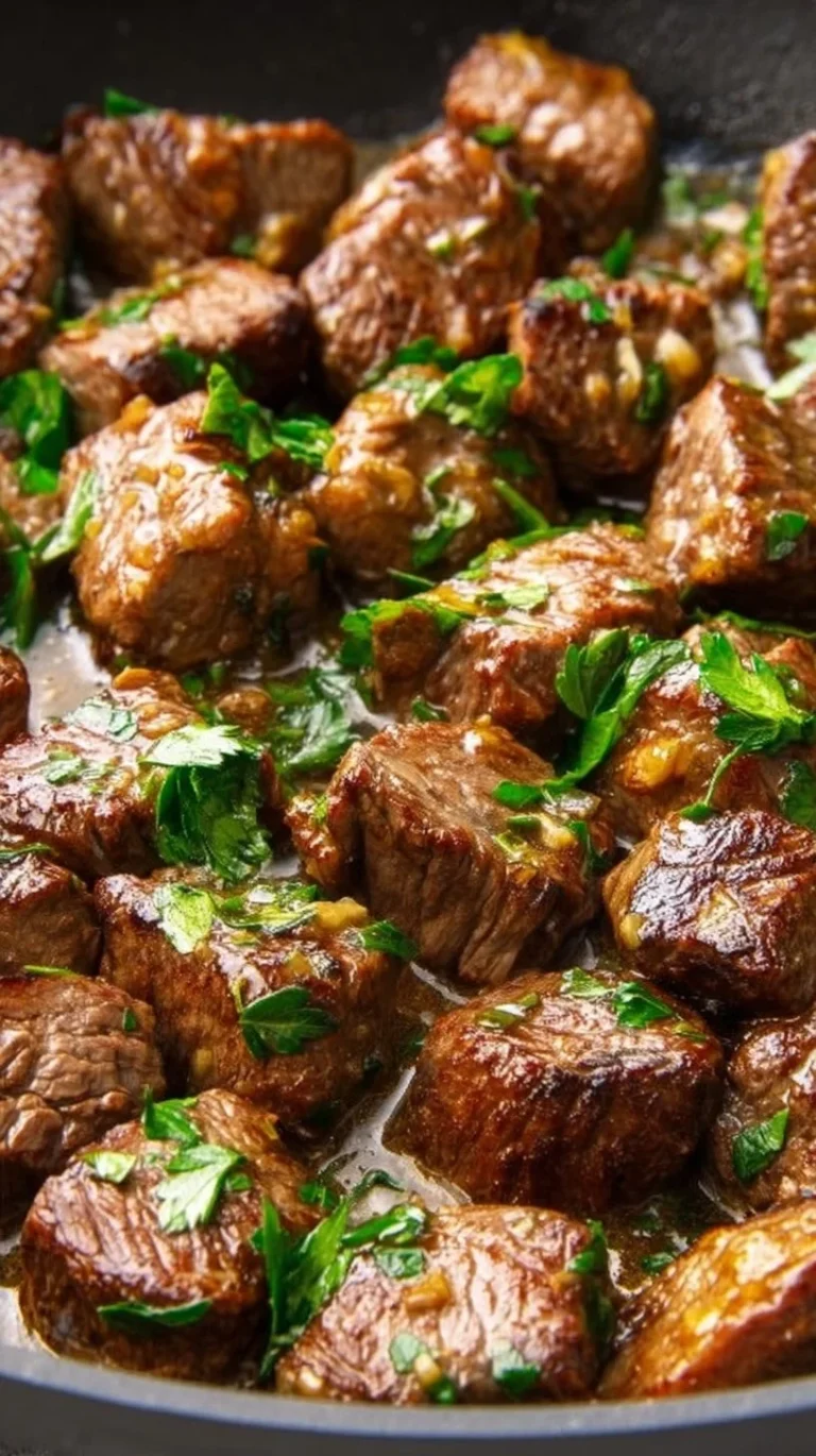 Plate of juicy garlic steak bites garnished with herbs