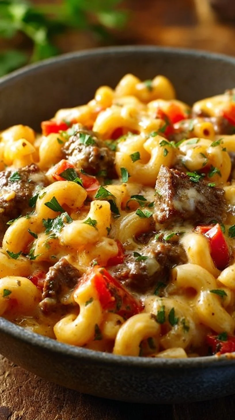 Creamy Philly cheesesteak mac and cheese topped with flavorful beef and cheese.