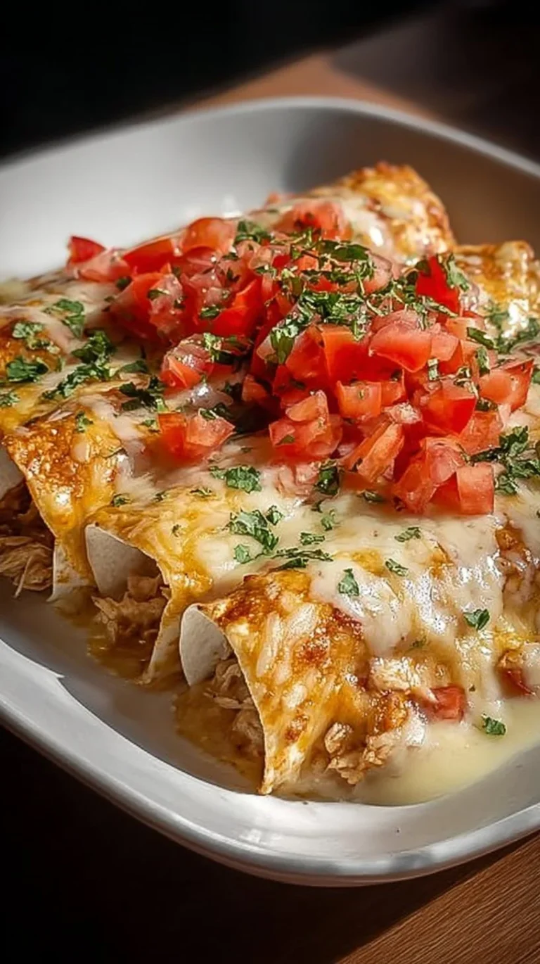 Indulgent queso chicken enchiladas topped with creamy cheese sauce