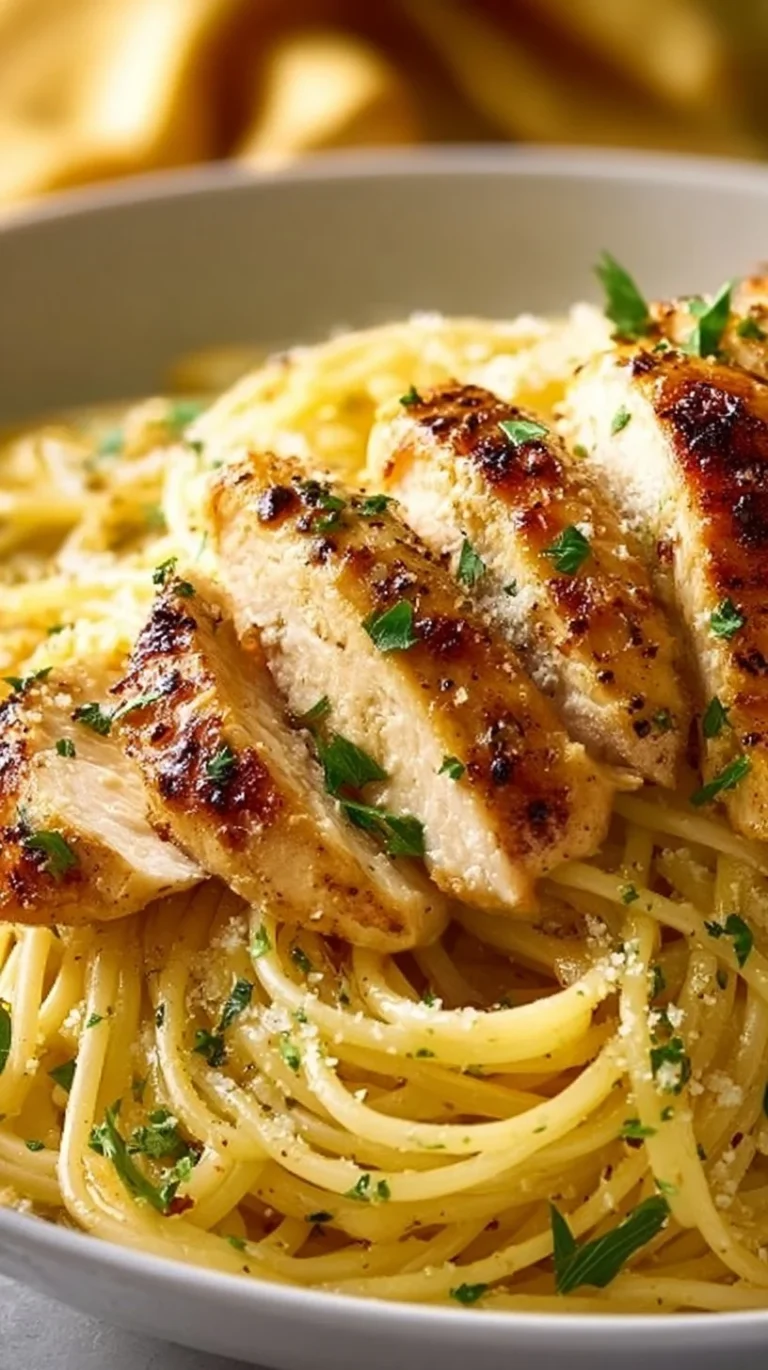 Delicious Lemon Butter Garlic Chicken Pasta dish garnished with herbs.