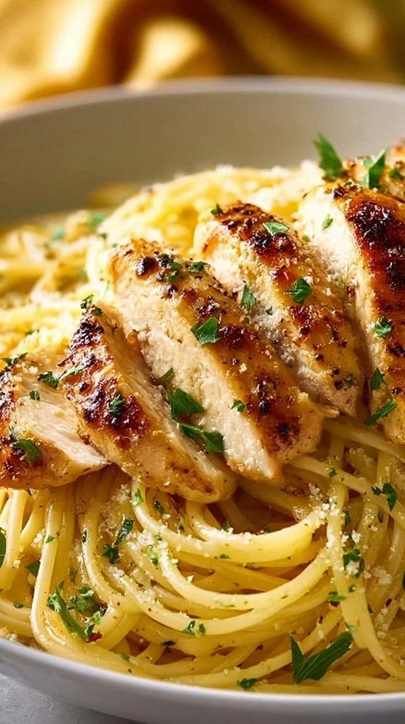 Delicious Lemon Butter Garlic Chicken Pasta dish garnished with herbs.
