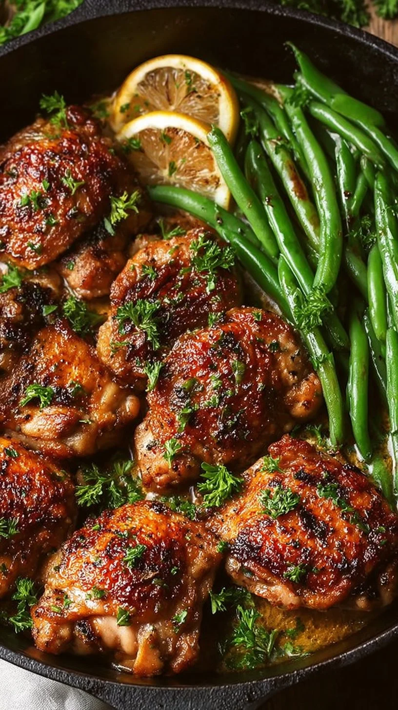 Lemon Garlic Butter Chicken served with green beans in a skillet