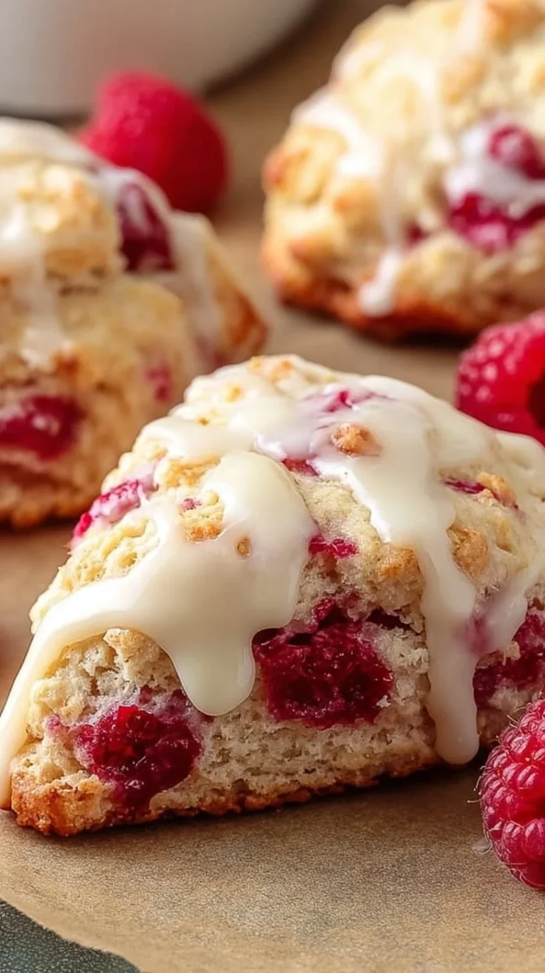 Freshly baked lemon raspberry scones on a cooling rack