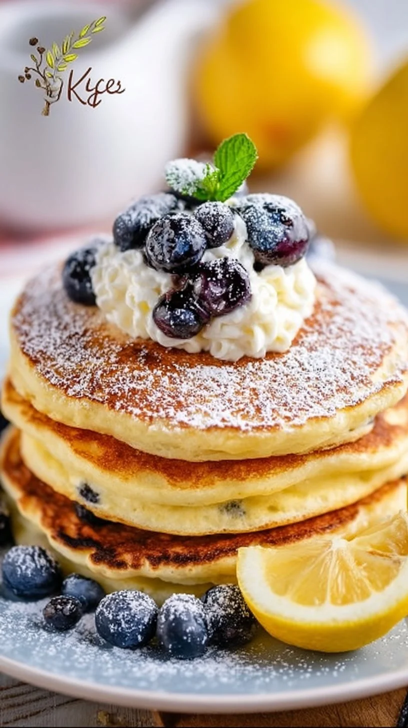 Fluffy Lemon Ricotta Pancakes served with fresh lemon slices and syrup
