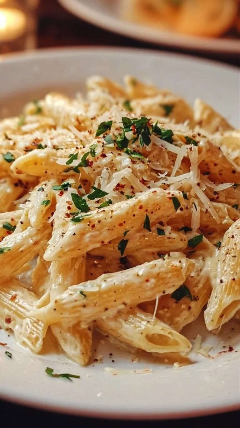 One Pot Creamy Garlic Pasta served in a bowl, garnished with parsley.
