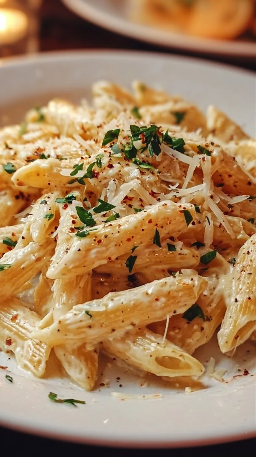 One Pot Creamy Garlic Pasta served in a bowl, garnished with parsley.